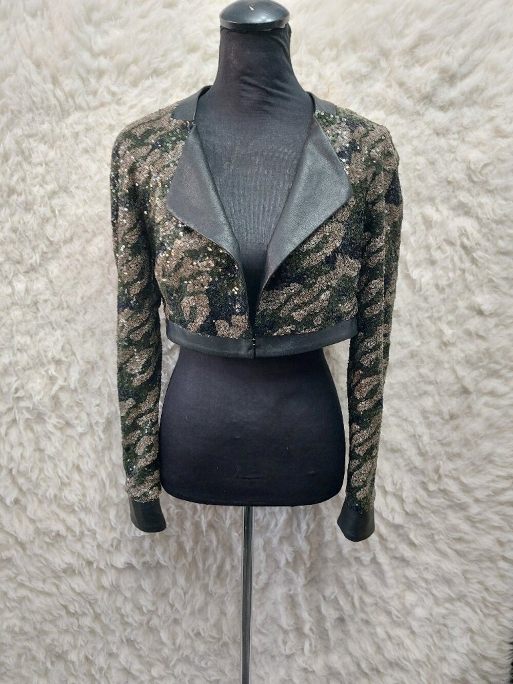 BCBGMaxAzria Womens Sequin Embellished Cropped Jacket Black Leather-trimmed XS